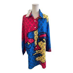 Thrill Plus Size  Multicolor Face Design Button Down Blouse Size 2X